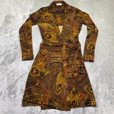 Calvin Klein Peacock Feather Print Wrap Business Dress Long Sleeve Belted Midi