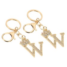 Initial Letter Keychain, 2 Pcs Letter W Crown Design Charm, Gold Tone