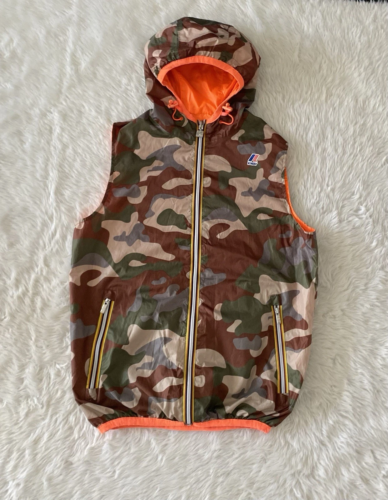 K-Way Reversible Full Zip Vest Mens Sz Medium Camo And Orange + Hood Packable