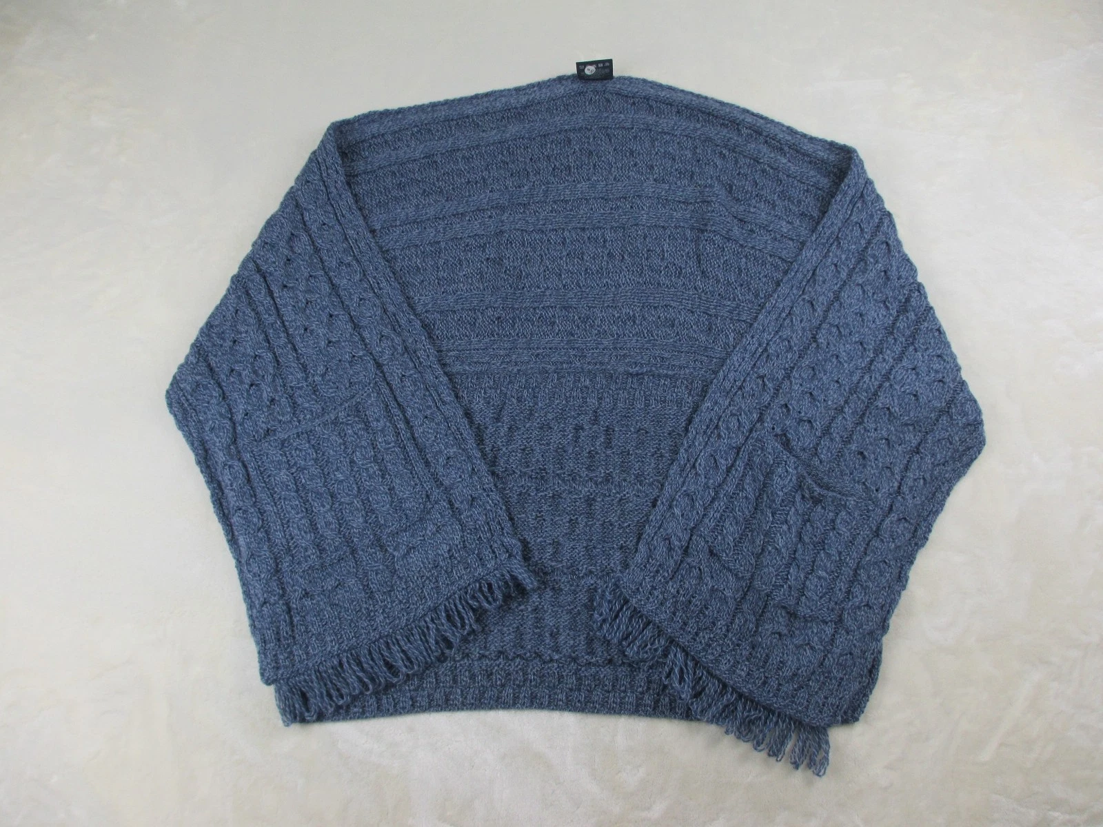 Aran Woollen Mills Sweater Womens One Size Blue Shawl Wool Fringe Ireland Poncho