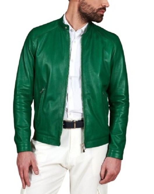 Leather Jacket Men's Vintage Biker Motorcycle Bomber Men Racer Soft Zip Green 3 - second product detail image