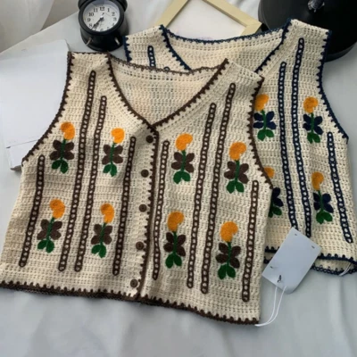 Women Crochet Floral Embroidery Vest Waistcoat Gilet Retro Tank Top Comfy Casual - Image 1 of 4