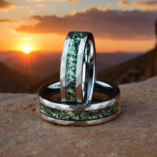 Eco-Friendly Moss Agate Hammered Mens Tungsten Wedding Ring Comfort Fit - 6mm