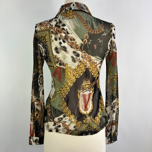 New Timing blouse S Y2K button front Mesh Sheer chain gaudy equestrian animal - Picture 13 of 18