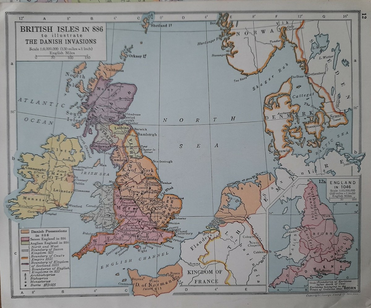 1939 MAP BRITISH ISLES IN 886 DANISH INVASIONS DENMARK ENGLAND