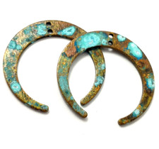8ps Moon earring connector Brass patina blank 2 holes Organic blue patina 860