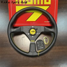 Momo 350mm 14 Genuine Leather Drift Steering Wheel Yellow Stitch