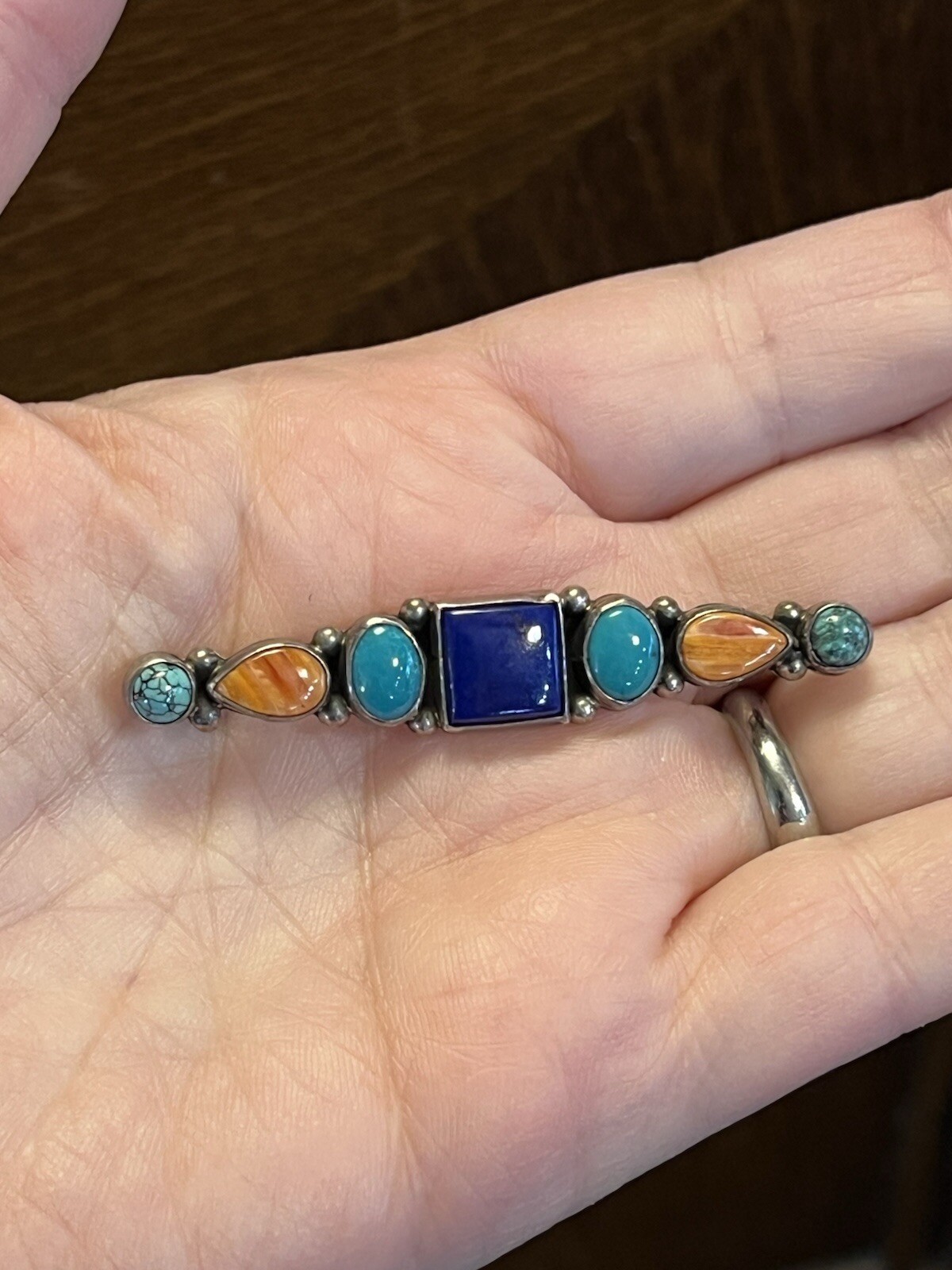 Native American Multi Gemstone Brooch Signed Ster… - image 6