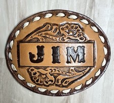 JIM Leather Nocona Belt Buckle Name Larger Classic Western Scroll Vintage 80s