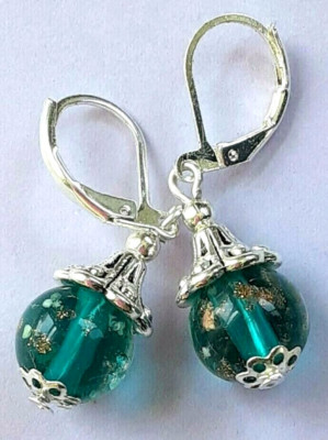 paris GREEN Gold dust LAMPWORK earring SP LEVERBACK handcrafted XLW