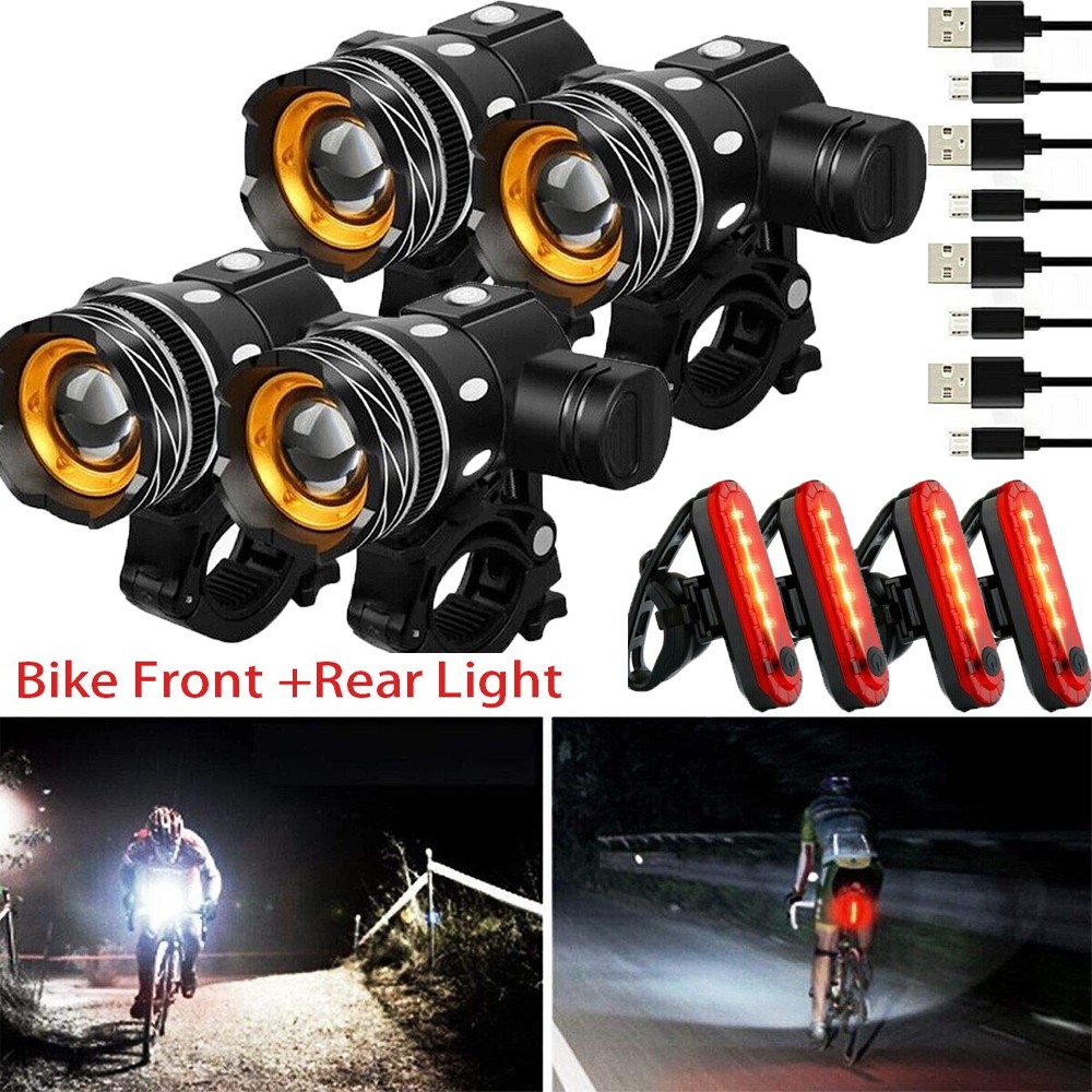 4 Sets USB Rechargeable LED Bicycle Headlight Bike Front Rear Lamp Cycling Light
