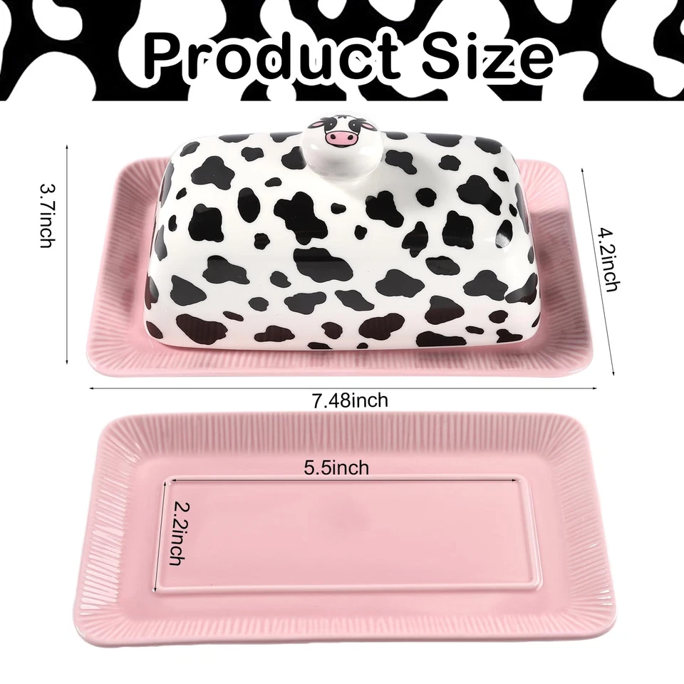 Plato de mantequilla de vaca con tapa para encimera - Linda cubierta de cerámica divertida cocina rosa... Foto 2 de 4