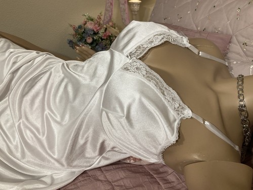 Vintage Bridal White Silky Nylon Full Figure Slip Dress Petticoat Semi Sheer XL - Picture 17 of 24