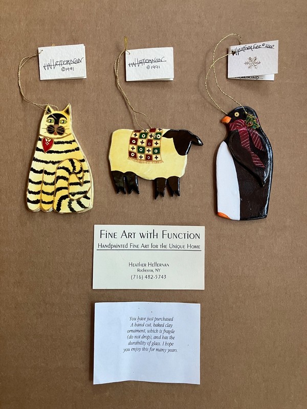 Heather Heffernan Christmas Ornaments Lot of 3 - Cat, Sheep, Penguin - 1991,2000