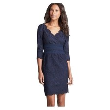 Tadashi Shoji Navy Scallop V Neck Lace  Tulle Sheath Dress Size 8