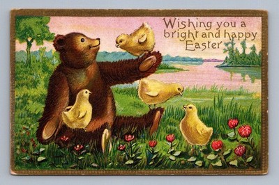 Easter bear chicks flowers pond illustration greeting 1912
