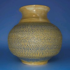 Studio Pottery Vase Crackle Glaze Yellow Blue...