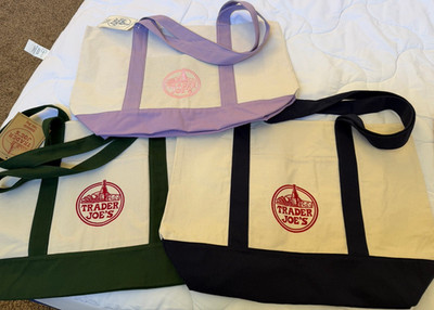 Trader Joe's Large Canvas Tote Bags Set of 3 Multicolor Reusable Solid Plain