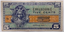 Series 521 Five Cents Military Payment Certificate P# M29 VF+