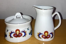 Porsgrund Creamer And Sugar Bowl With Tiny Chip On Lid Norway 72 Farmers Rose PP