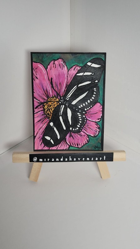 ACEO Original MirandaHavensArt, Butterfly On Flower, Water Color Painting Signed