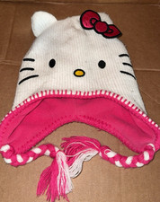 Hello Kitty PINK WHITE KIDS BRAID BEANIE HAT PRE OWNED