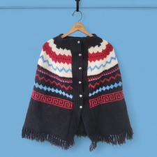 Vintage 70's Handmade Retro Crocheted Button Front Fringe Poncho Cape O/S