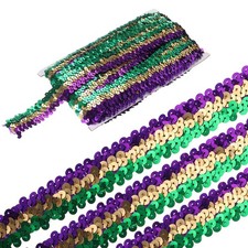 5 Yards 1.2 Inch Elastic Sequins Trim 3 Row Sequin Strip, Green/Gold Tone/Purple