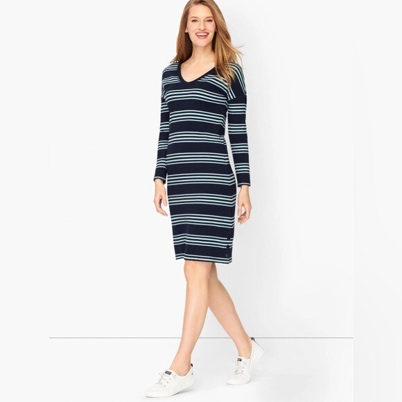 T By Talbots V-Neck Cotton Modal Dress Navy Blue Aqua Stripe Women's Size Small