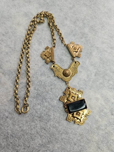 Antique Necklace Brass Gold Gilt Black Accent Stone Spring Ring Clasp 7.5" Drop - Picture 9 of 24