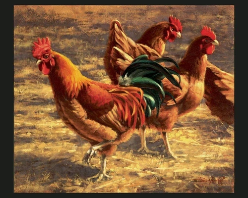YARD BIRDS - Rooster Chicken - Fabric Quilt Panel - 100% Cotton Woven Fabric