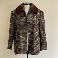 Vintage 90s Jacket Coat Rocco Barocco Nubby Wool Brown Fur Collar Uk 12/14