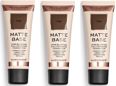Makeup Revolution Matte Base Pore Blurring Full Coverage Foundation F16, 3er Pack