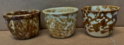Yellow Ware Yellowware Small Bowls Or Cups Spongeware Glaze Lot Of Three
