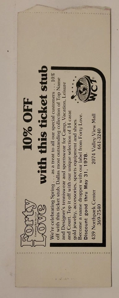1978 TENNIS USED TICKET STUB WCT FINALS MAY 13 DALLAS MOODY COLISEUM - Image 2 of 2