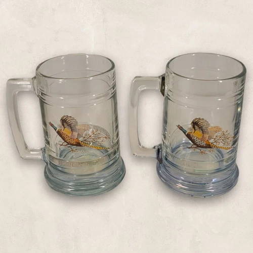 Vtg Set Of 2 Princess House Glass Pheasant Beer Steins Greek Key Hunting 14 Oz