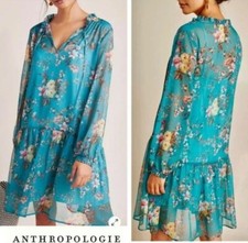 Anthropologie Maeve Emma Teal Floral Long Sleeve Mini Dress XS