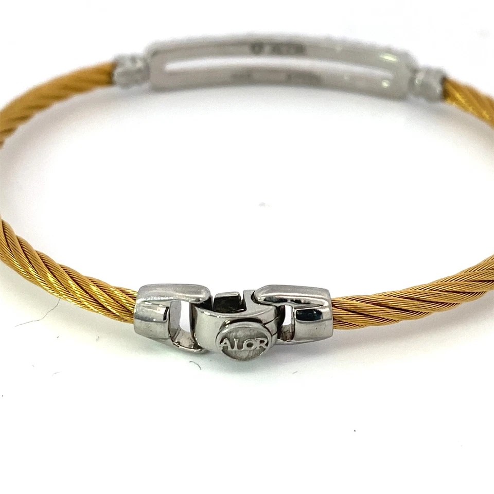 ALOR Classique 14K Gold White Topaz Yellow Steel Cable Bangle Bracelet - Image 4 of 4