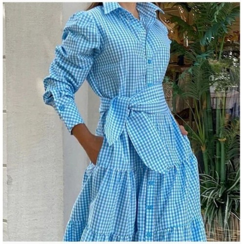 WOMEN'S LONG SLEEVE VINTAGE CHECKED MAXI DRESS SOLID, CASUAL RUFFLE DRESS - L - 第 3/9 張圖片