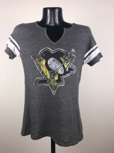 Women’s Majestic Gray Pittsburgh Penguins V-Neck Cotton NHL Tee NWT Large