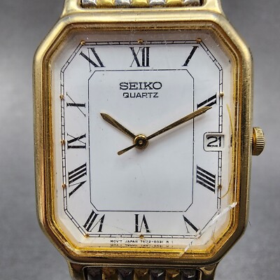 Seiko Tank Watch 26mm Men White Dial Two Tone Date 7n22-5011 New