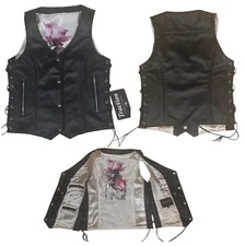 Ladies Black Leather Vest with White Lining and Pink/Purple Rose Design 268