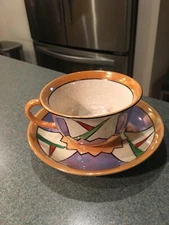 GEOMETRIC ART DECO LUSTREWARE TRIO- CUP, SAUCER AND CAKE PLATE