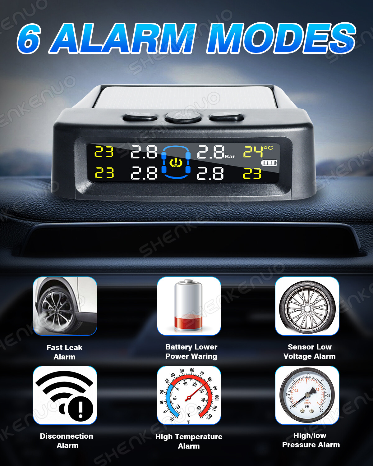 Tire Pressure Monitoring Systems TPMS 4 External Sensors Wireless Solar Power
