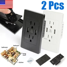 2Pcs Dual USB Port Wall Socket Charger AC Power w/15A Electrical Receptacle Home