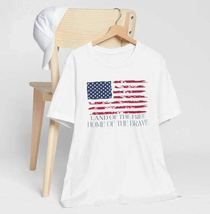 New T-Shirt  Unisex Short Sleeve Tee, US Flag Land of the Free Home of the Brave