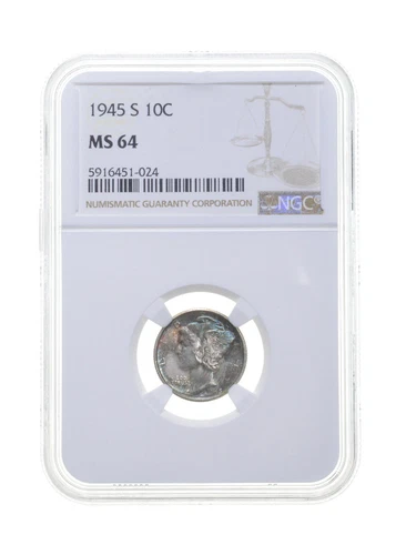 MS64 1945-S Mercury Silver Dime - Graded NGC Blue Toned *4400