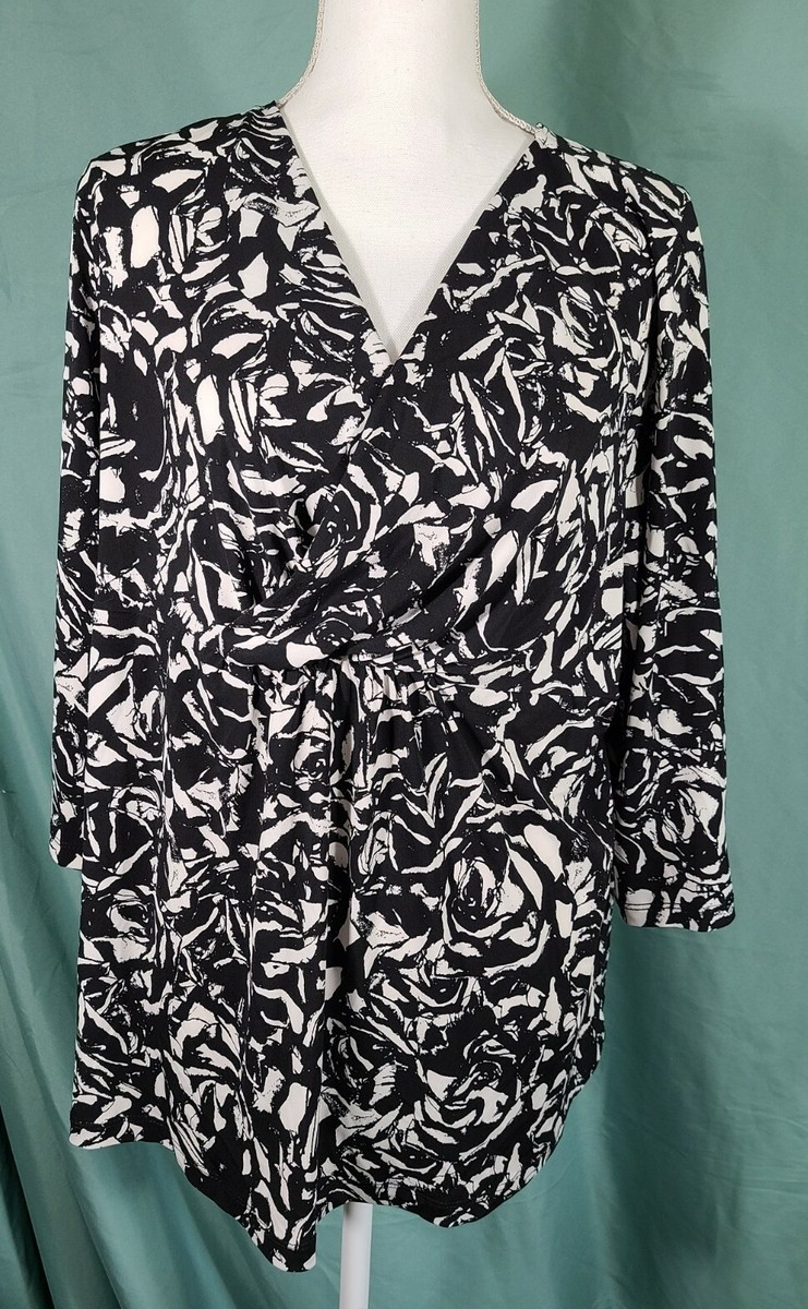 Blouse George Noir Et Blanc Taille 2XL - Col V, Manches 3/4, Léger Et Plissé, Occasion Très Bon État