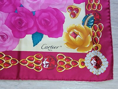 Authentic Cartier Rubies Silk Scarf Fuchsia Red Floral Flowers