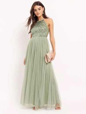 Maya Sage Green Halterneck Delicate Sequin Maxi Dress. Size 12 | eBay UK